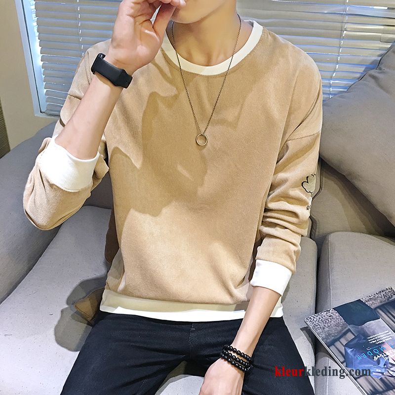 T-shirt Lange Mouw Hoodie Slim Fit Ronde Hals Herfst Khaki Onderhemd Heren Trend