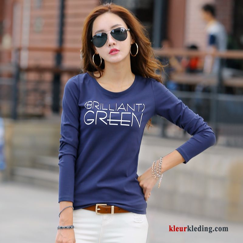 T-shirt Lange Mouw Jasje Herfst Slim Fit Katoen Letter Wit Dames Lange Mouwen