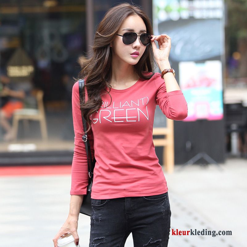 T-shirt Lange Mouw Jasje Herfst Slim Fit Katoen Letter Wit Dames Lange Mouwen