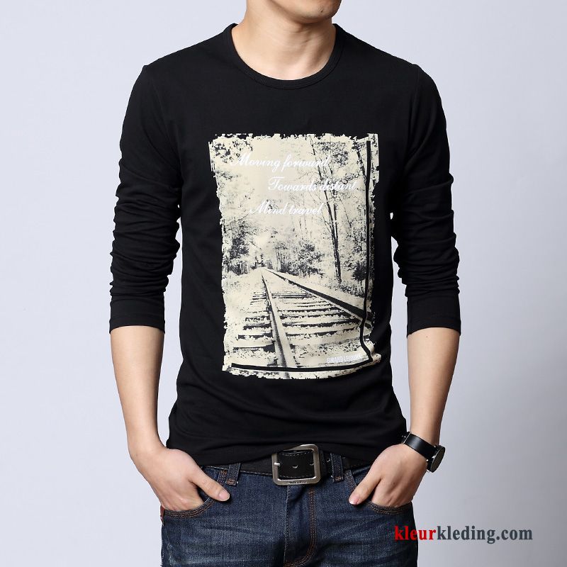 T-shirt Lange Mouw Katoen Zwart Heren Jasje Ronde Hals Onderhemd Herfst Slim Fit