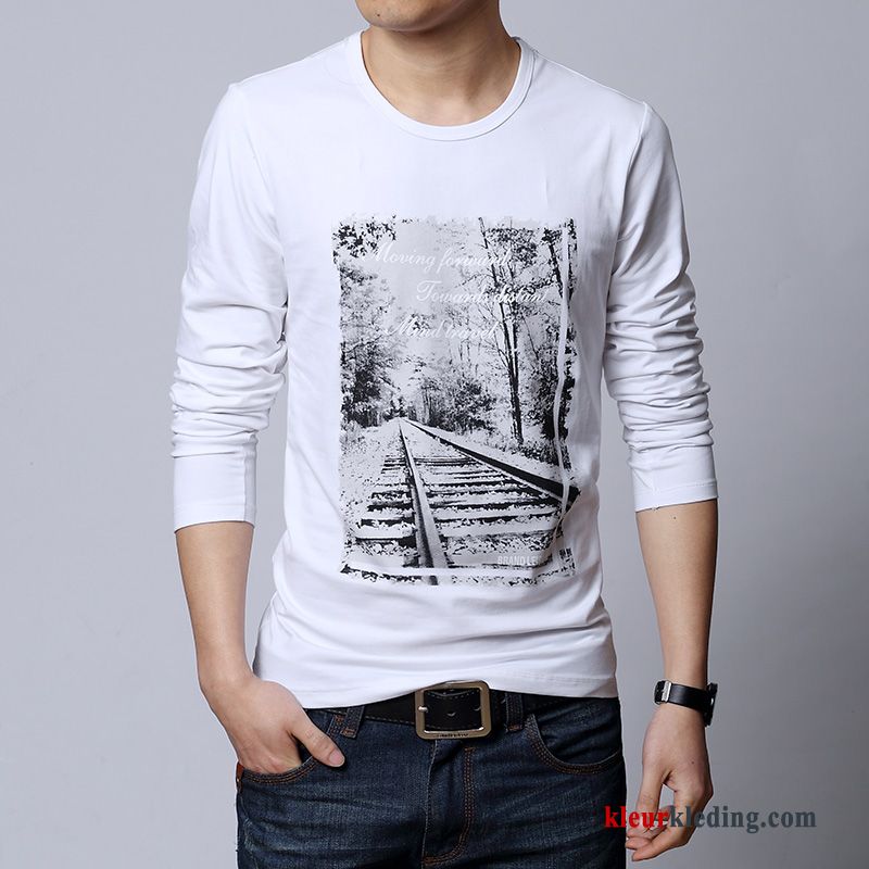 T-shirt Lange Mouw Katoen Zwart Heren Jasje Ronde Hals Onderhemd Herfst Slim Fit