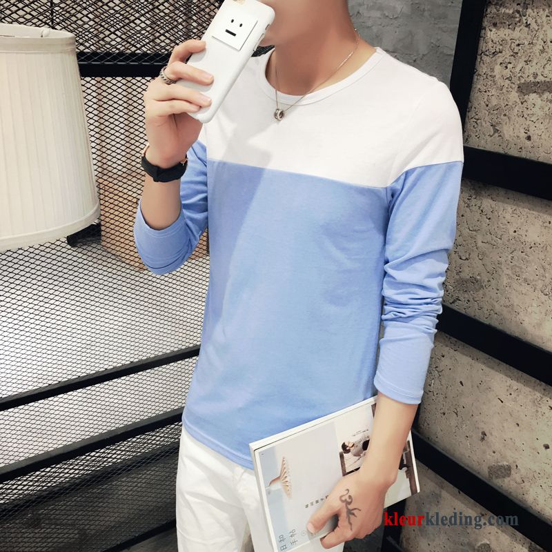 T-shirt Lange Mouw Lange Mouwen Blauw Effen Kleur Onderhemd Mannelijk Hoodie Slim Fit Heren