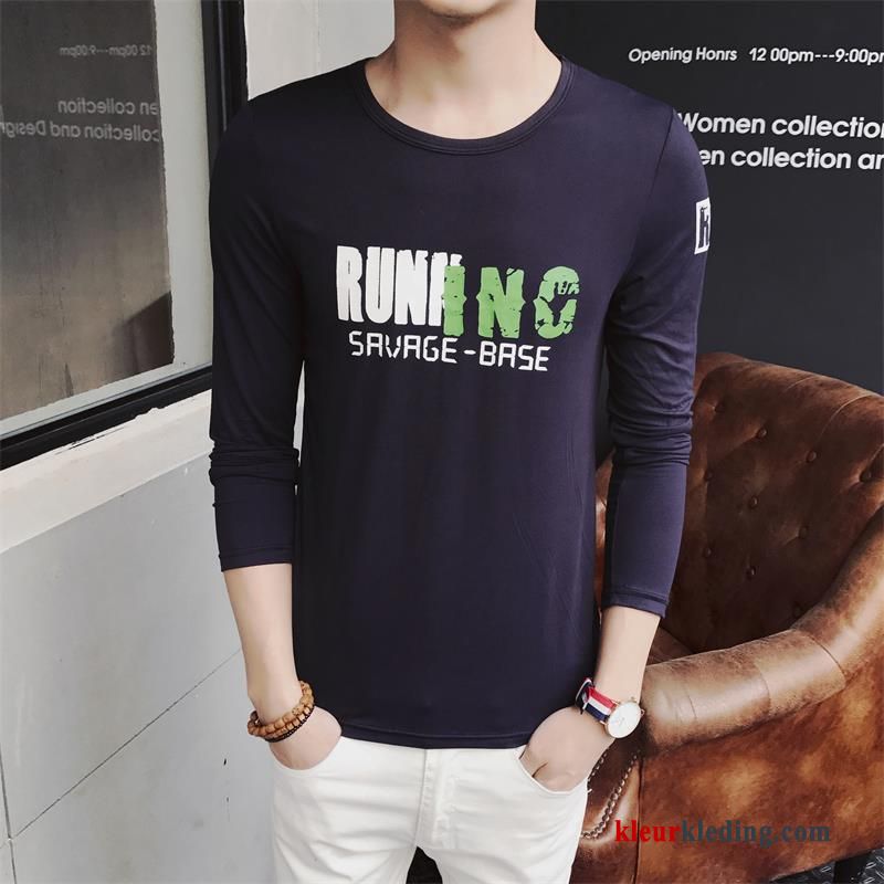 T-shirt Lange Mouw Lange Mouwen Blauw Effen Kleur Onderhemd Mannelijk Hoodie Slim Fit Heren