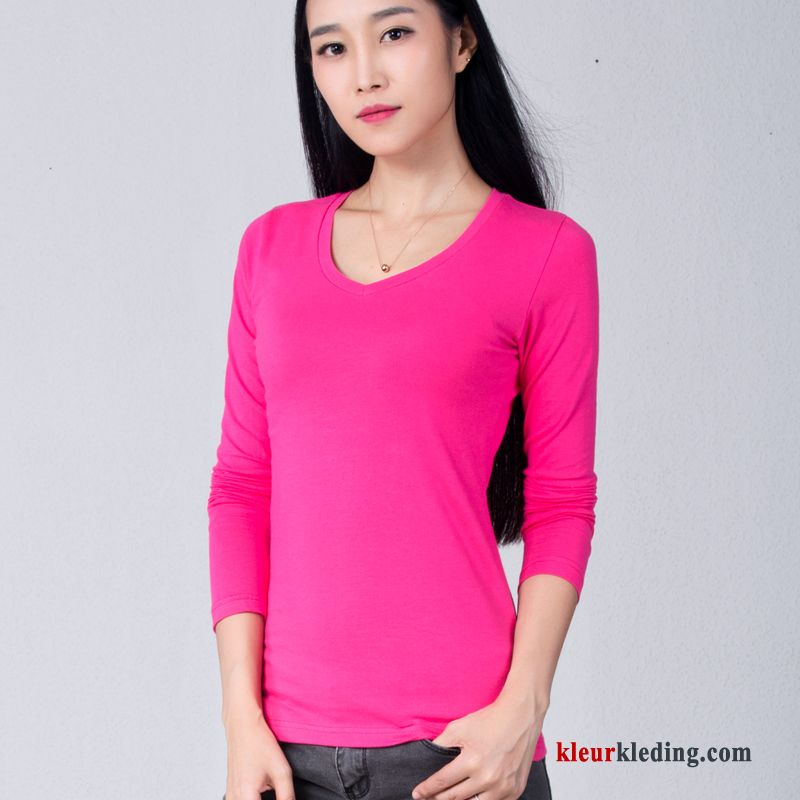 T-shirt Lange Mouw Voorjaar T-shirts Dames Lange Mouwen Slim Fit Bovenkleding Effen Kleur Zwart