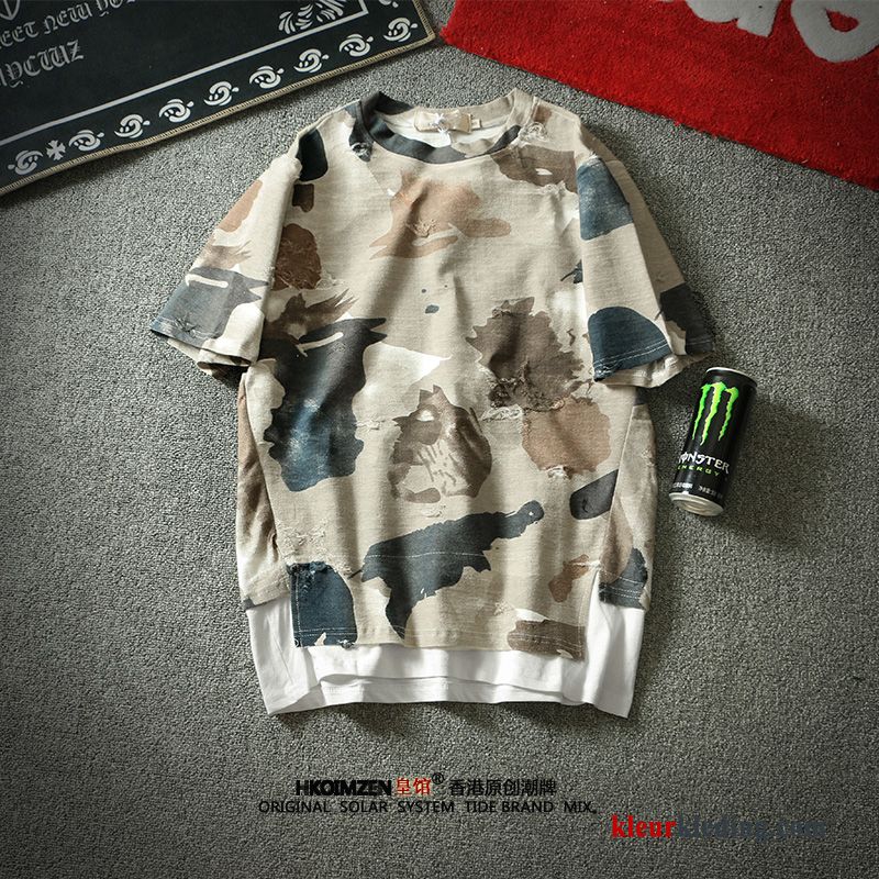 T-shirts Hip-hop Trendy Merk Camouflage Losse Korte Mouw Mannelijk Groen Heren