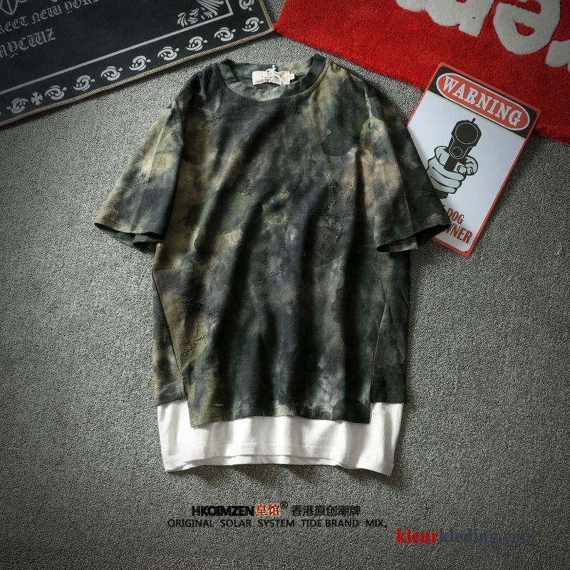 T-shirts Hip-hop Trendy Merk Camouflage Losse Korte Mouw Mannelijk Groen Heren