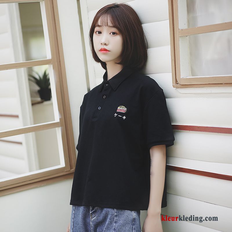 T-shirts Revers Jasje Dames Student Katoen Borduurwerk Zwart Polo
