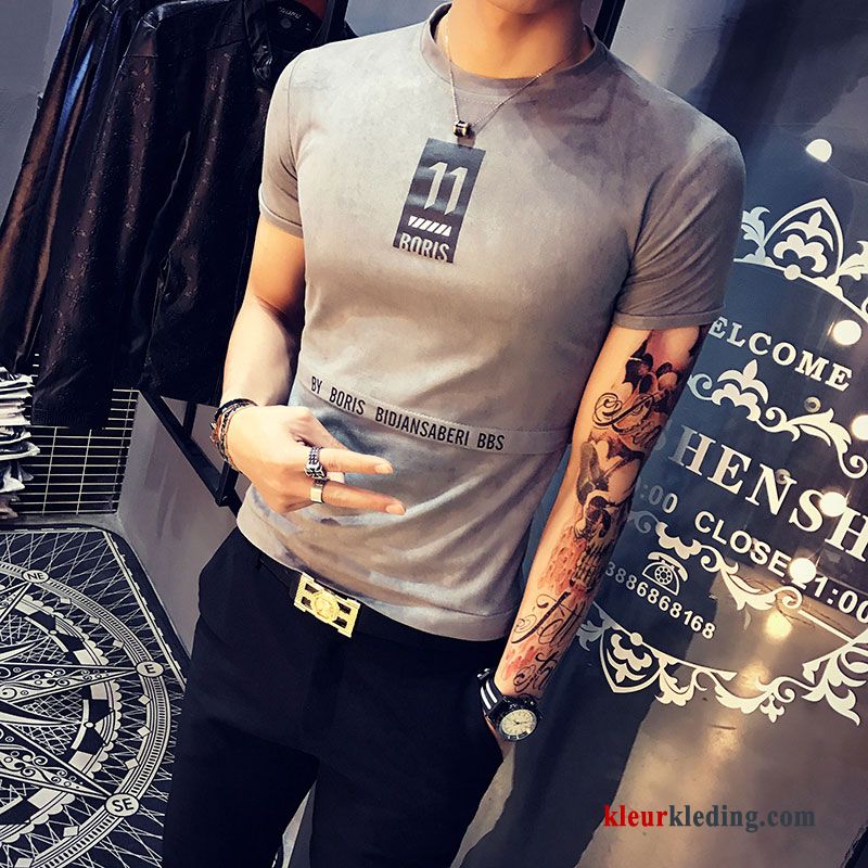 T-shirts Ronde Hals Kasjmier Heren Jasje Korte Mouw Trend Slim Fit Bruine