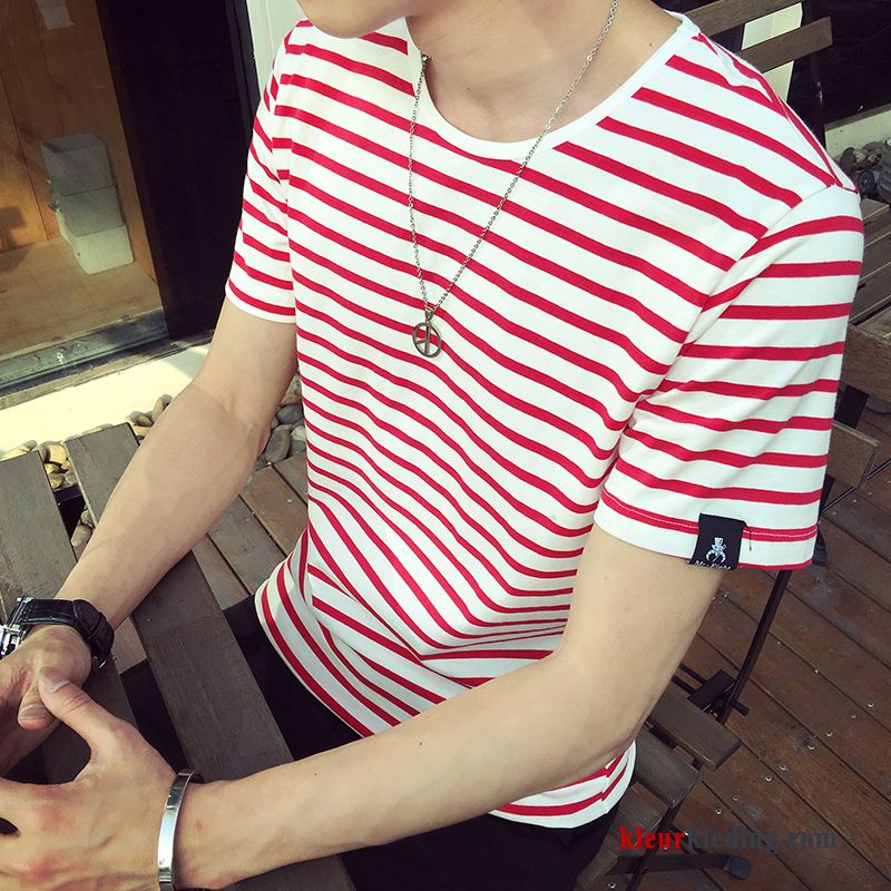 T-shirts Ronde Hals Onderhemd Rood Wit Streep Katoen Slim Fit Persoonlijk Heren