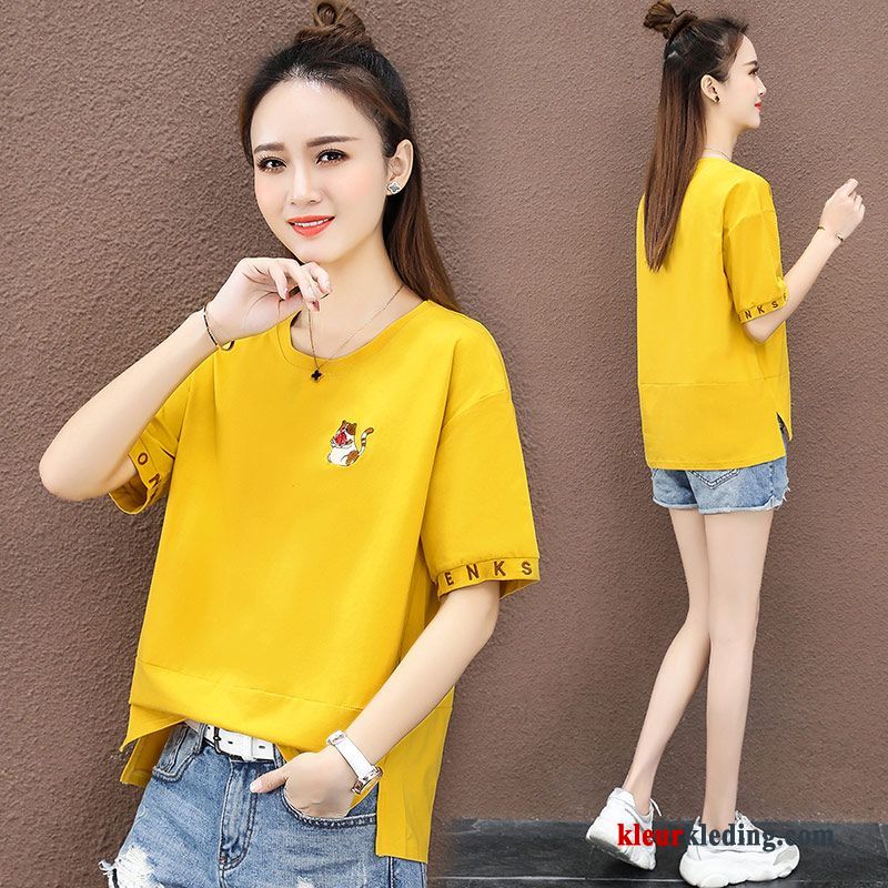 T-shirts Trend Geel Korte Mouw Casual Jasje Hoge Taille Ronde Hals Dames