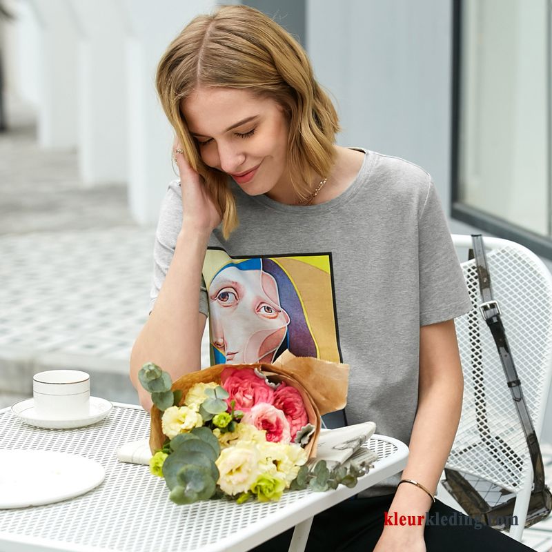 T-shirts Zomer Nieuw Rechtdoor Dames Jasje Bedrukken Ronde Hals Bloemen