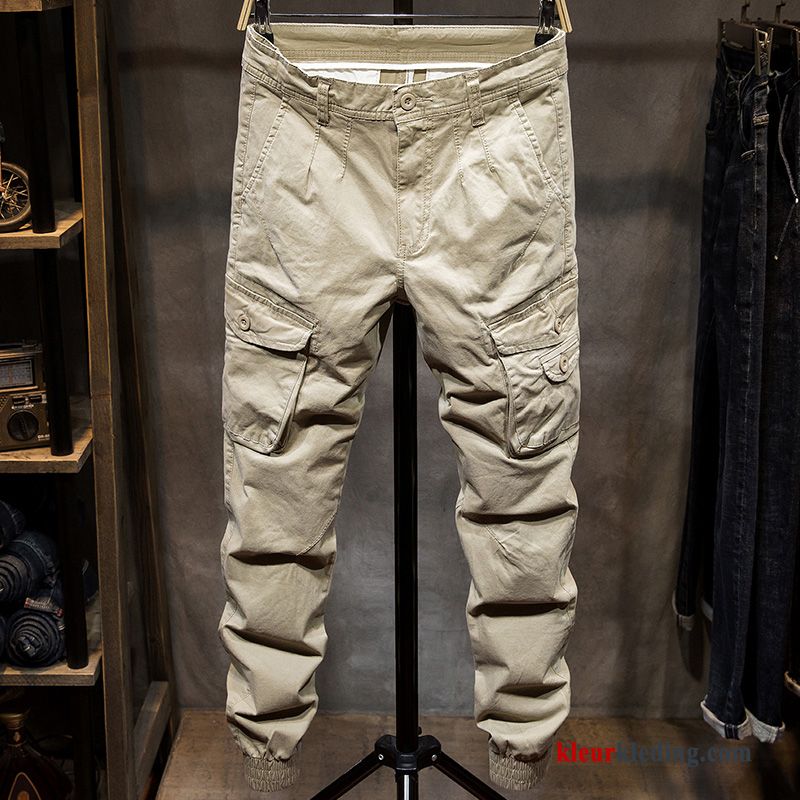 Trend Heren Blauw Cargo Broek Mini Khaki Meer Zakken Strak