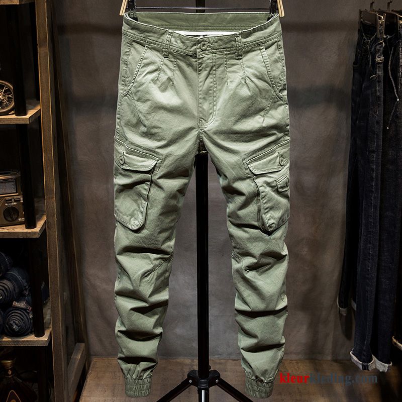 Trend Heren Blauw Cargo Broek Mini Khaki Meer Zakken Strak