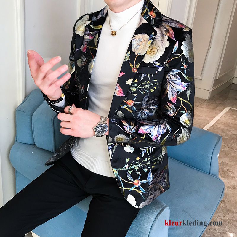 Trend Heren Jeugd Bloemen Jas Zwart Blazer Herfst