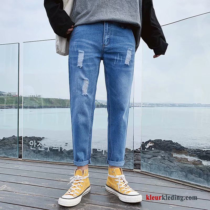 Trendy Merk Dunne Rechtdoor Blauw Zomer Spijkerbroek Jeans Heren Gaten