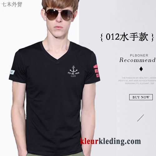 V Hals Mannelijk Heren Trend T-shirts Halve Mouw Khaki Slim Fit