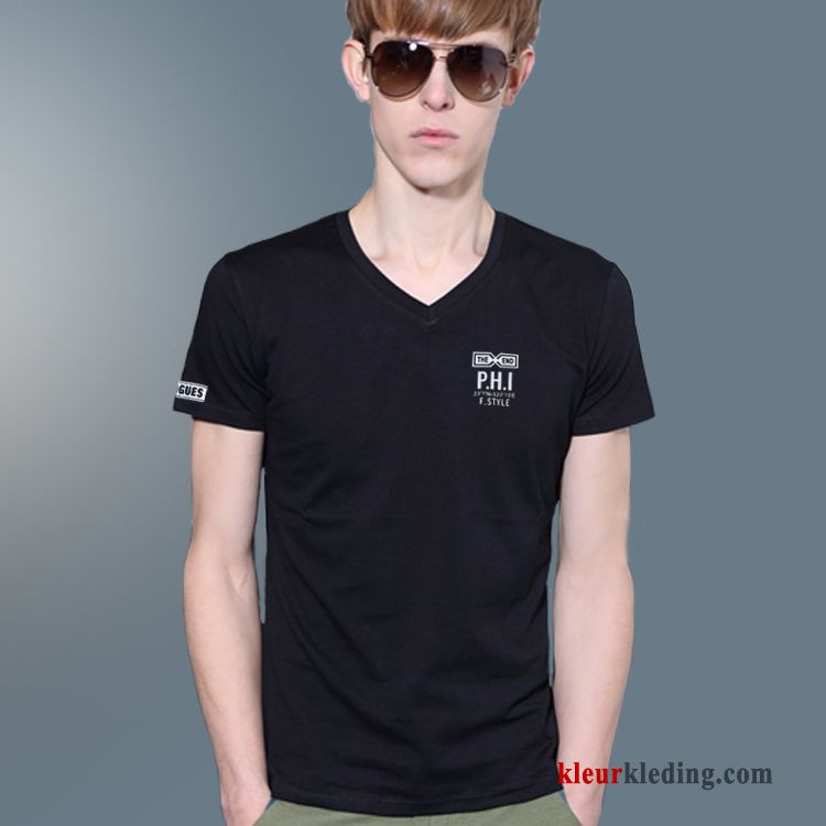 V Hals Mannelijk Heren Trend T-shirts Halve Mouw Khaki Slim Fit