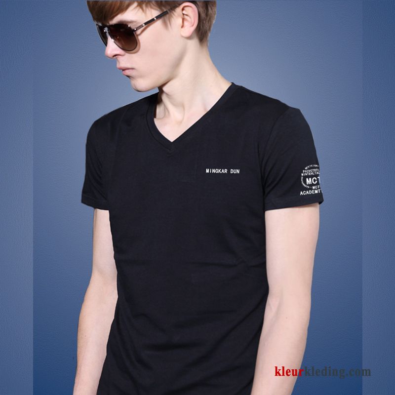 V Hals Mannelijk Heren Trend T-shirts Halve Mouw Khaki Slim Fit