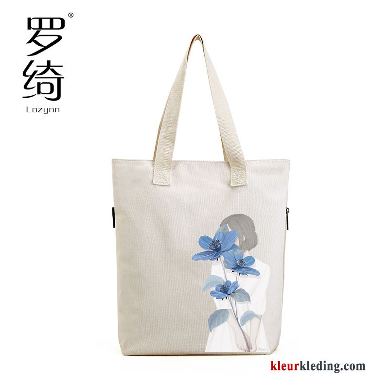 Vers Casual Handtas Canvas Voorjaar Kunst Grote Tas Schoudertas Dames Wit Beige