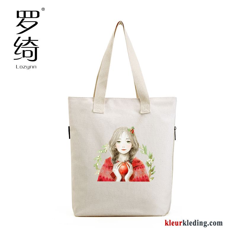 Vers Casual Handtas Canvas Voorjaar Kunst Grote Tas Schoudertas Dames Wit Beige