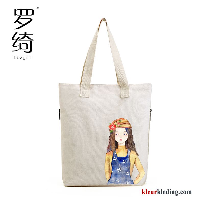 Vers Casual Handtas Canvas Voorjaar Kunst Grote Tas Schoudertas Dames Wit Beige