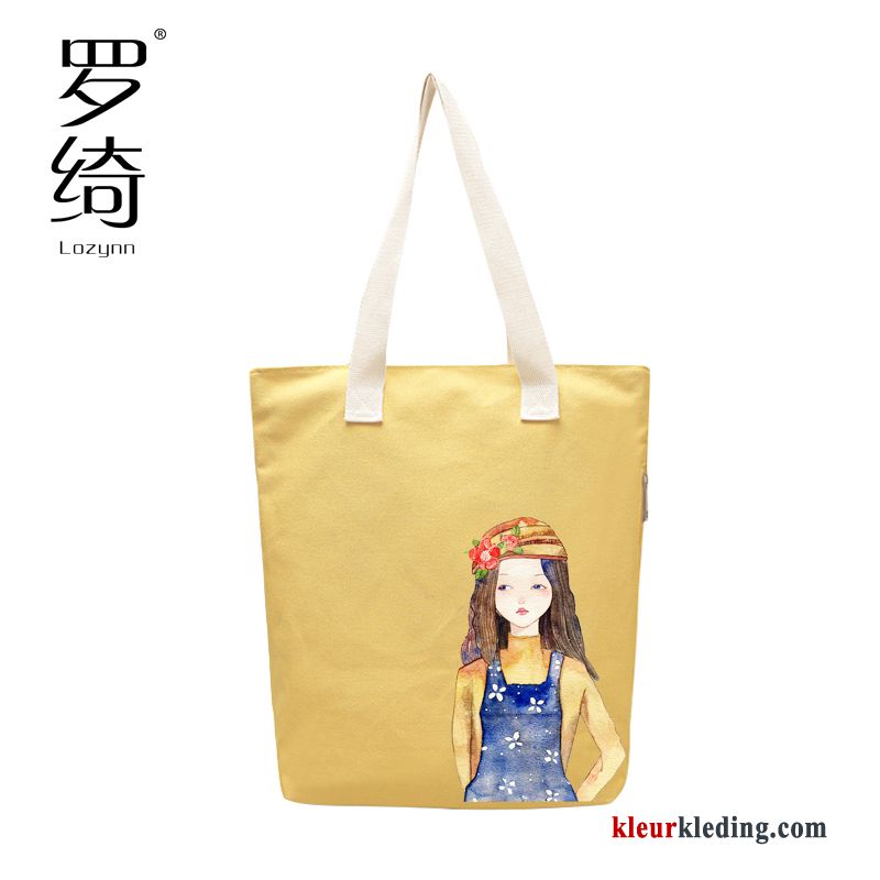 Vers Casual Handtas Canvas Voorjaar Kunst Grote Tas Schoudertas Dames Wit Beige