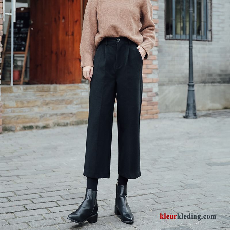 Wollen Doek Herfst Casual Broek Dames Lange Zwart Winter Rechtdoor