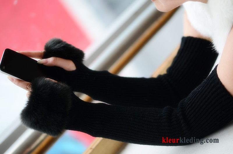 Wollen Halve Vinger Konijnenbont Dame Verlengen Winter Handschoen Mouw Dames