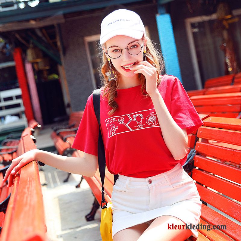 Zomer Korte Mouw Bedrukken Student Rood Trend Dames T-shirts