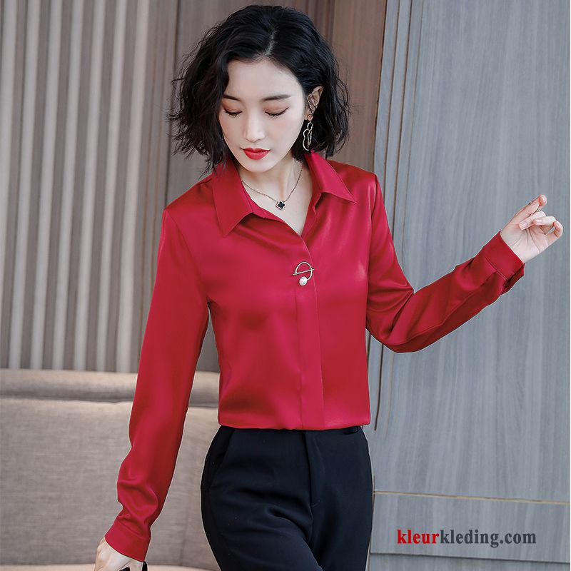 Blouse Overhemd Voorjaar Chiffon Lange Mouwen Mini Nieuw Rood Jasje Dames