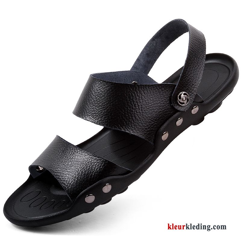 Bovenkleding Sandaal Casual Mannen Echt Leer Pantoffels Zachte Zolen Trend Heren Zwart