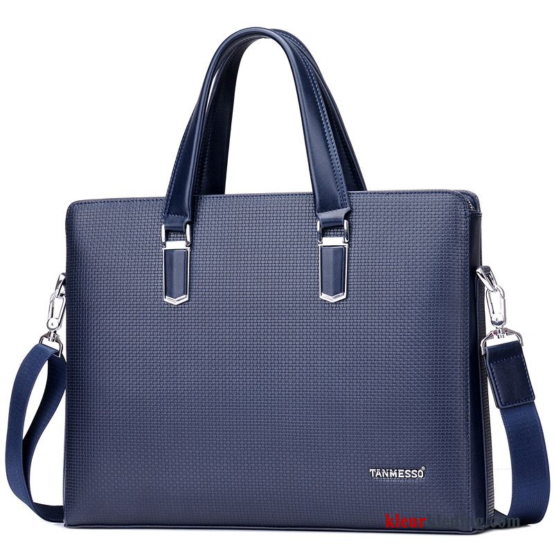 Business Handtas Casual Schoudertas Eenvoudig Aktetas Leer Heren Blauw