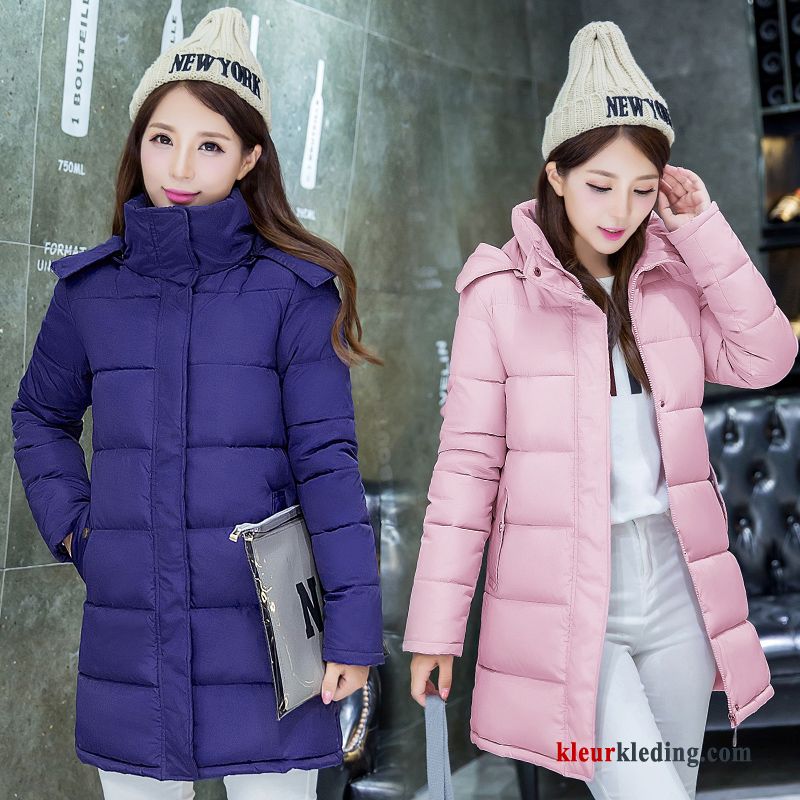 Dames 2018 Lang Katoenen Jas Hoodie Dikke Roze Winter Kleding Slim Fit