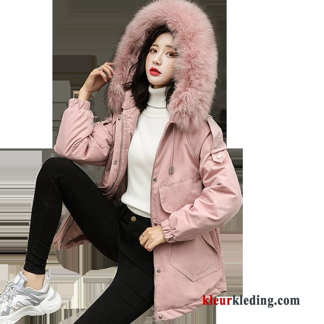 Dames Donsjack Winter Bontkraag Lang Roze Zoet Dikke Effen Kleur Casual