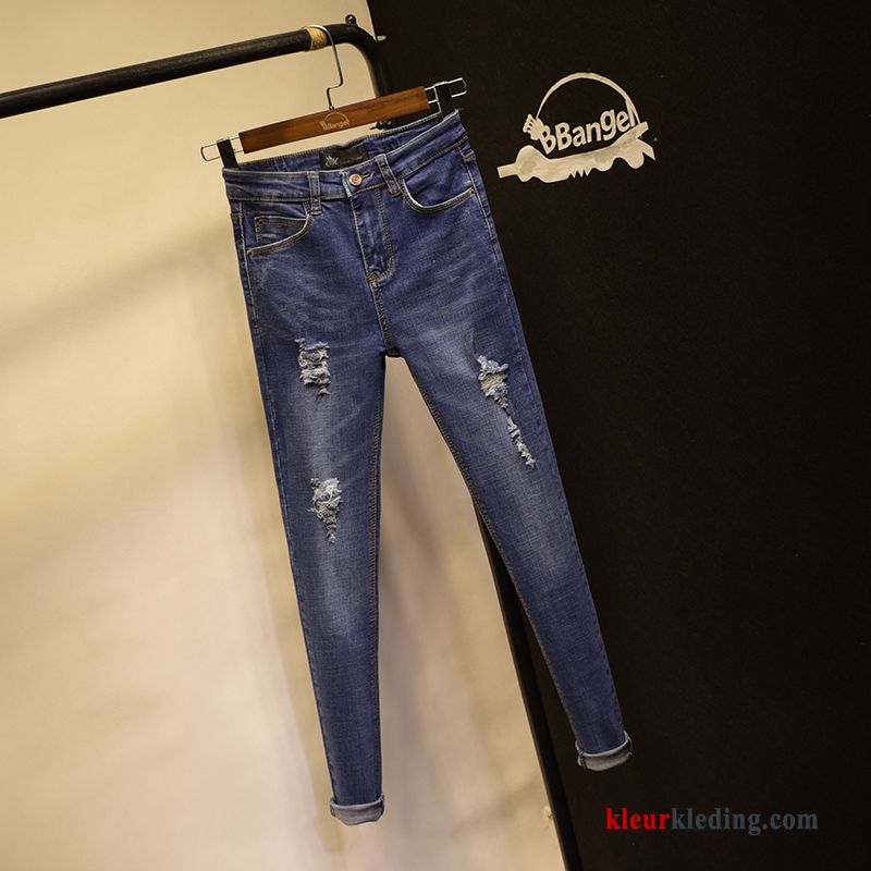 Dames Gaten Spijkerbroek Jeans Wit Blauw Potlood Broek Dunne 2018