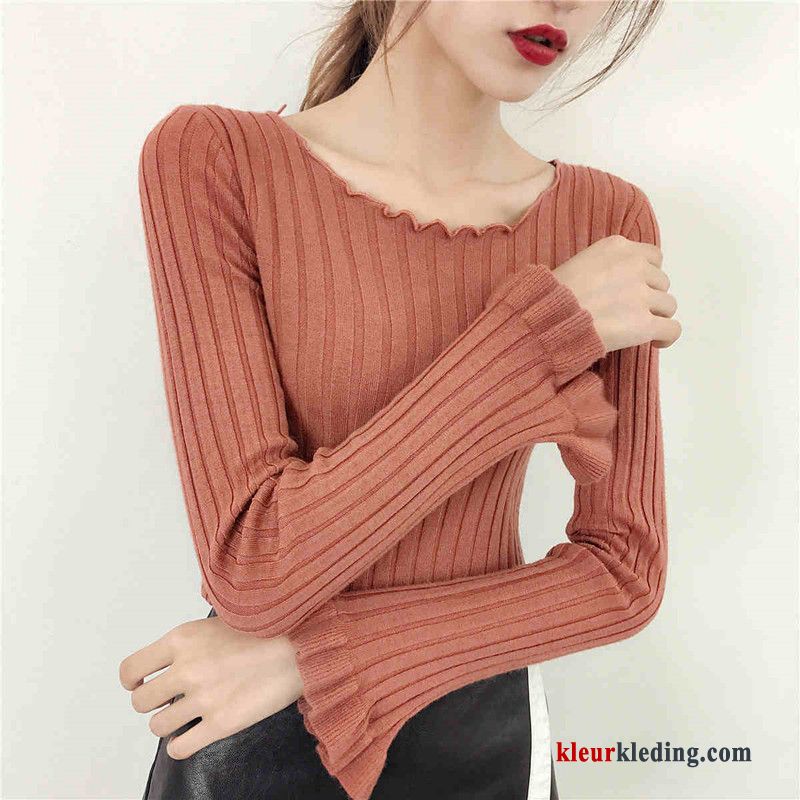 Dames Slim Fit Gebreid Hemd Pullover Rood Trui Herfst Kort Lange Mouwen