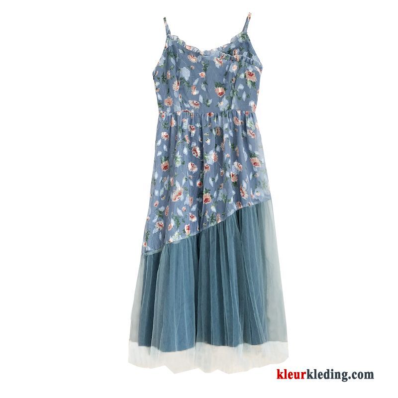 Dames V Hals Bloemen Chiffon Jurk Zomer Bretels Blauw Strakke Oranje