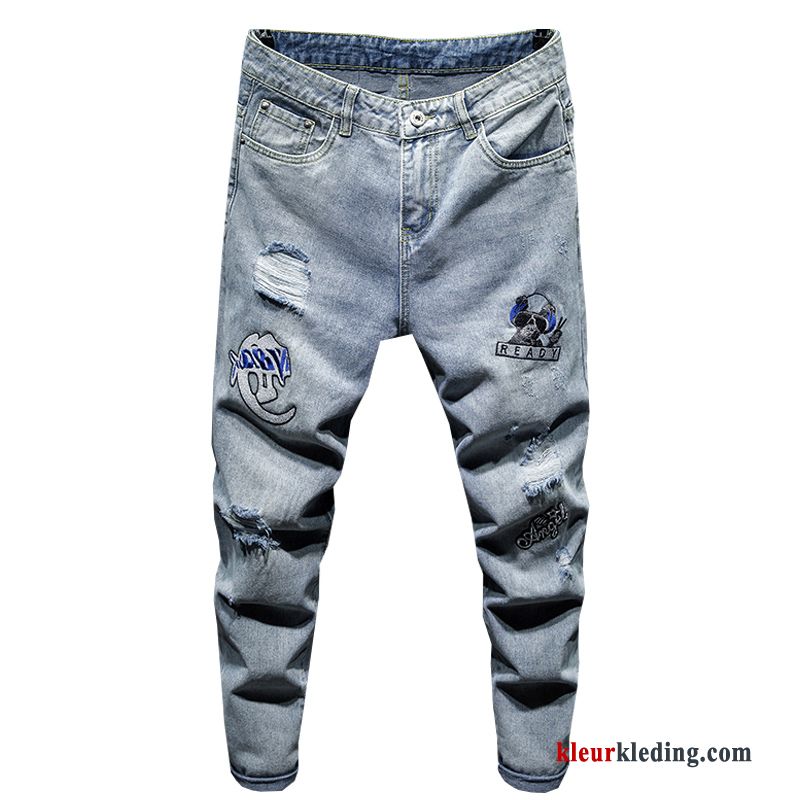 Dunne Bedrukken Spijkerbroek Jeans Gaten Zomer Trendy Merk Blauw Heren