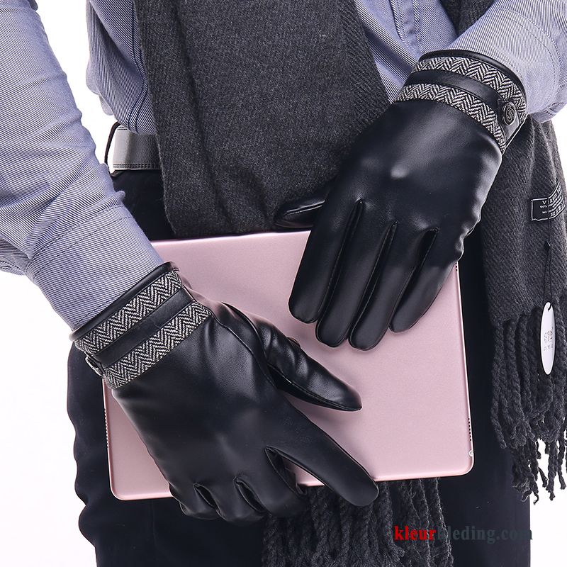 Handschoen Touchscreen Motorfiets Blijf Warm Cyclus Winter Heren Verdikken Leer Zwart