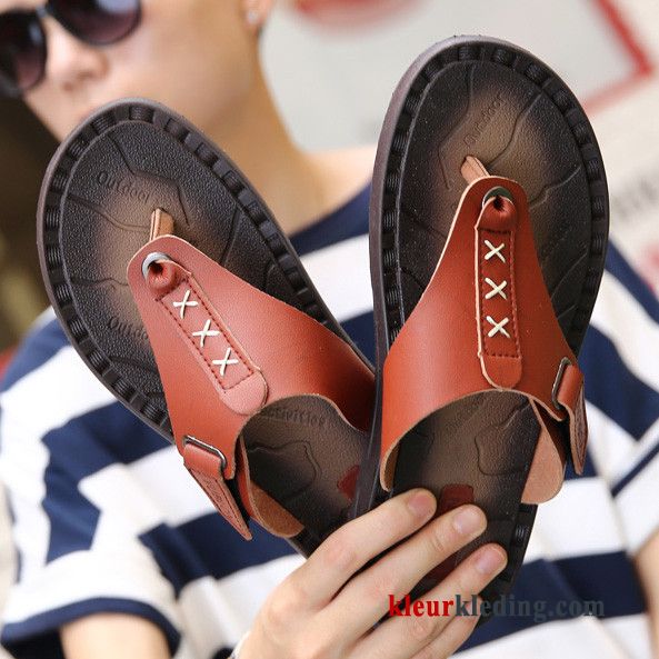 Heren Antislip Pantoffels Leer Zomer Schoenen Strand Slipper Mannen Rood Bruine