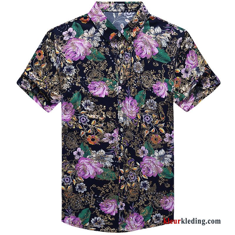 Heren Bloemen Mode Trend Mannelijk Zomer Overhemd Kort Mouw Purper Patroon