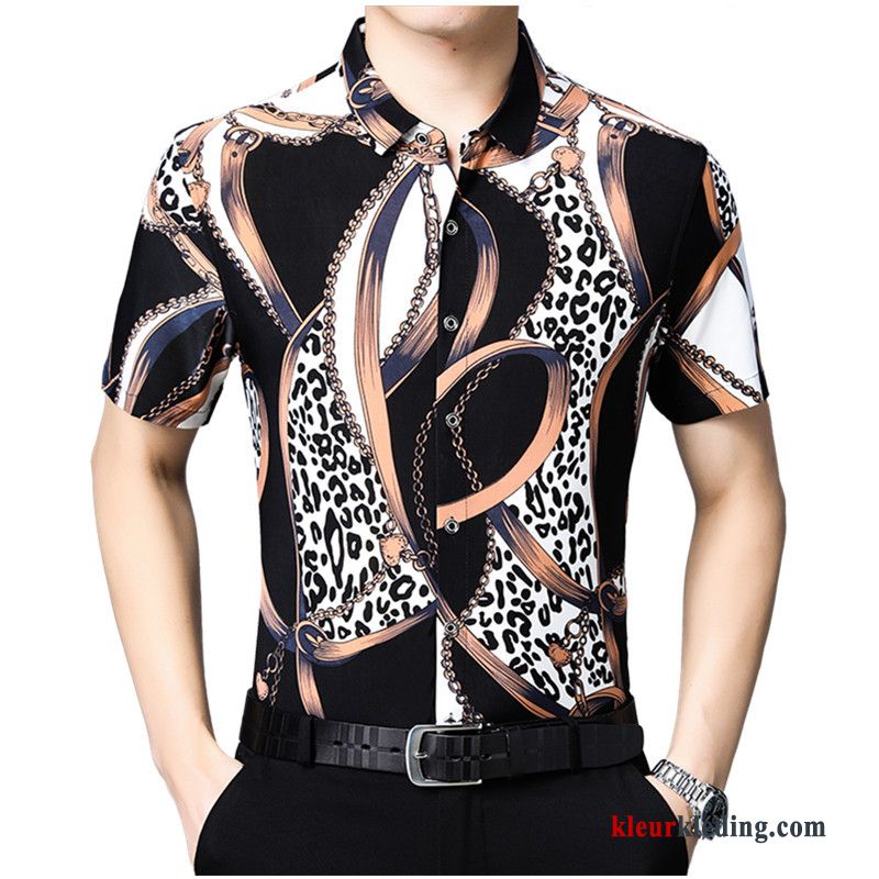 Heren Overhemd Kort Mouw Luipaard Bedrijf Bloemen Casual Jeugd Zwart Stip Overhemd