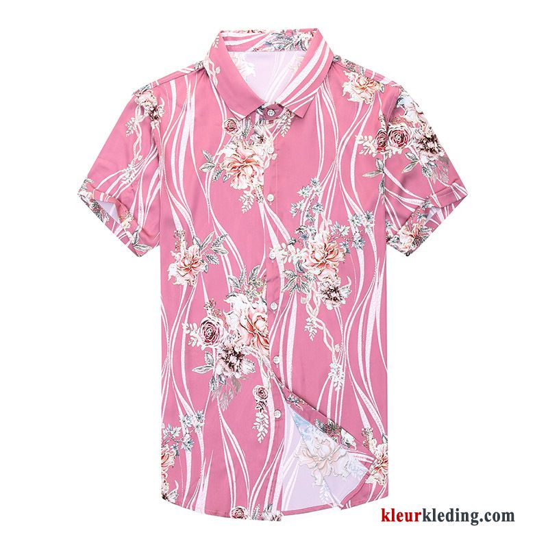 Heren Overhemd Kort Mouw Zomer Roze Nieuw Patroon Bloemen Bedrukken Persoonlijk Overhemd