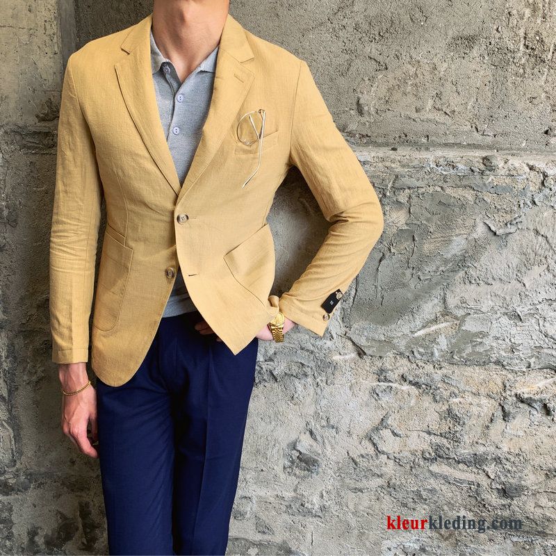 Heren Pak Brits Effen Kleur Dunne Geel Blazer Trend Zomer