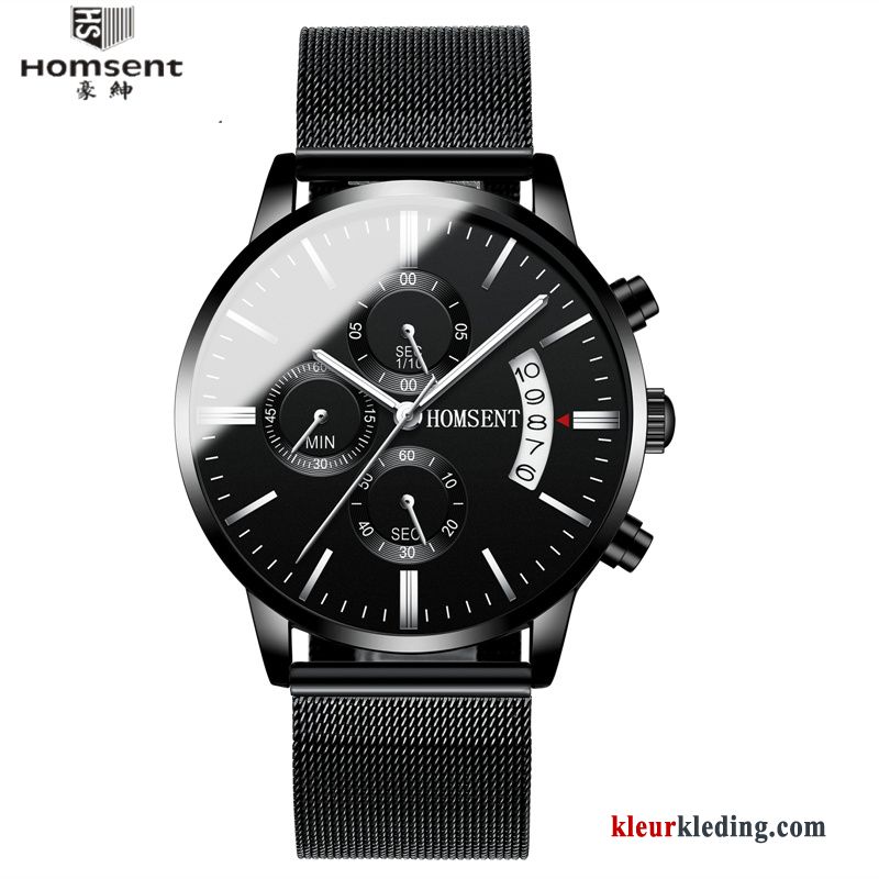 Heren Quartz Horloge Sport Student Mode Kalender Echte Waterdicht Zwart Zilver