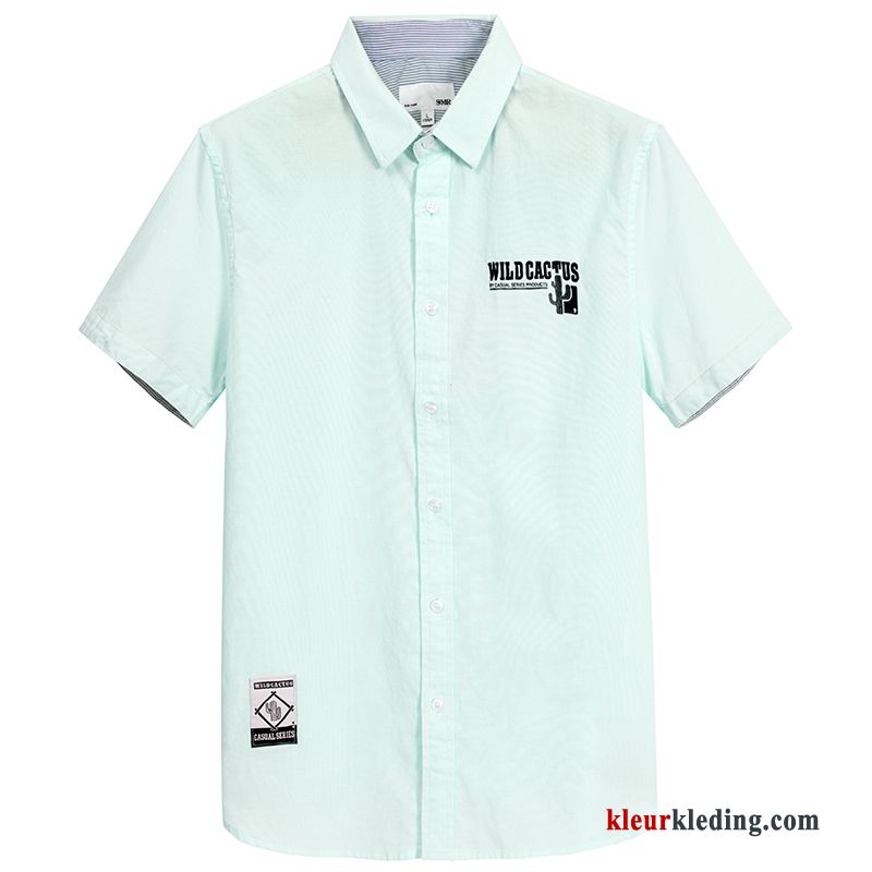 Heren Student Jeugd Nieuw Overhemd Kort Mouw Mannelijk Groen Bedrukken Casual
