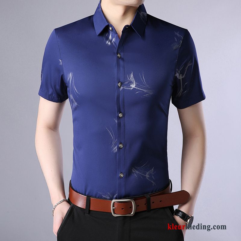 Heren Zomer Blauw Overhemd Kort Mouw Halve Mouw Trend Nieuw Slim Fit Bedrukken