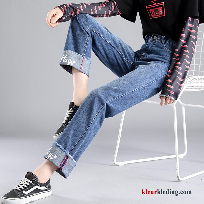 Rechtdoor Hoge Taille Dunne Donkerblauw Losse Spijkerbroek Jeans Trend Dames