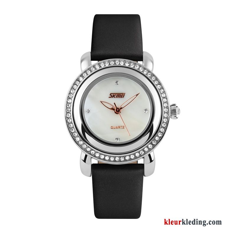 Student Waterdicht Eenvoudig Dames Horloge Mode Riem Strass Zwart