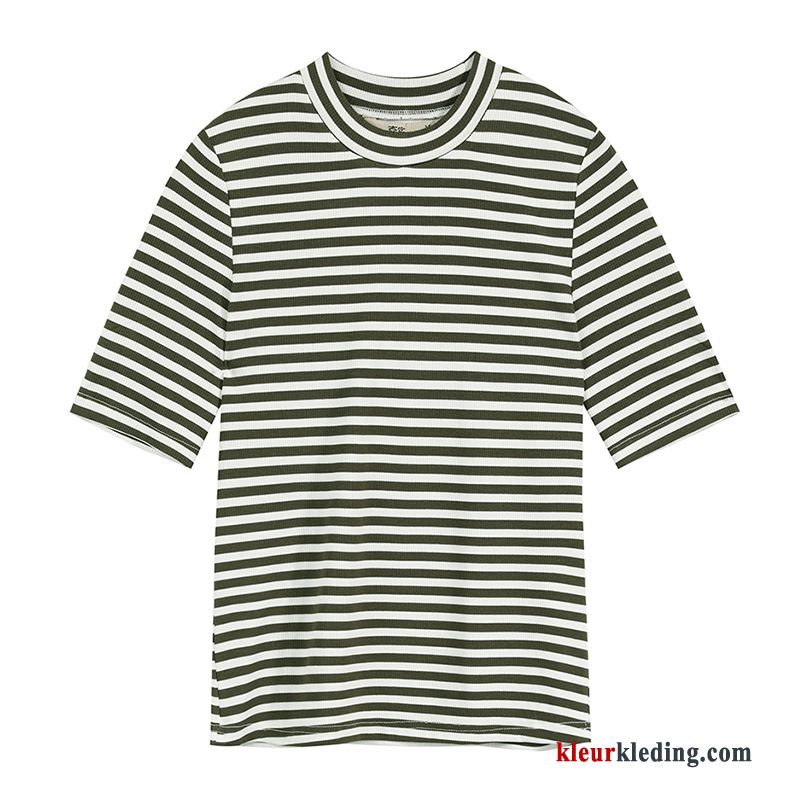 T-shirts Groen Breien Onderhemd Dames Slim Fit Voorjaar Streep